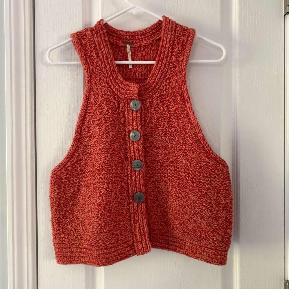 Free People Marled Wool Blend Chunky Knit Button Front Sweater Vest Orange M